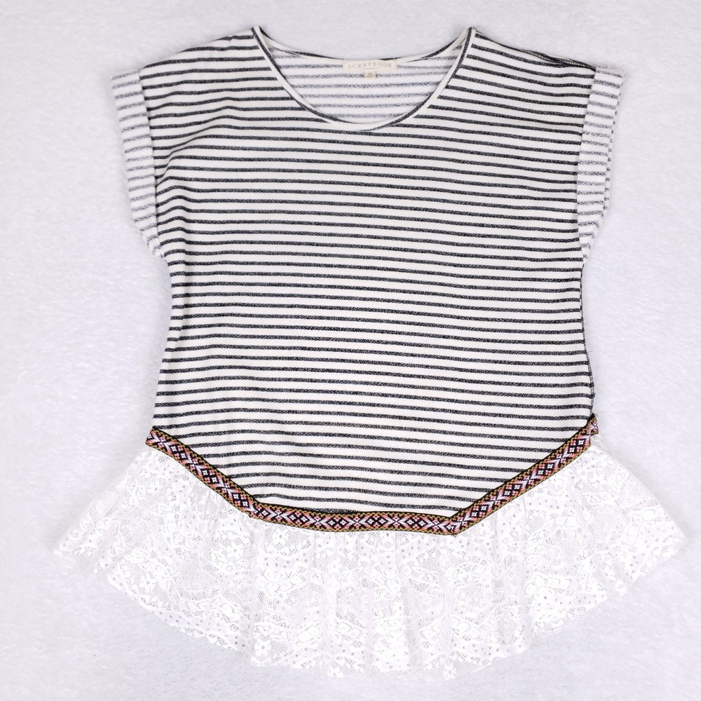 Scrapbook Women's Top Medium Striped Lace Hem Boho Made USA Festival Y2K